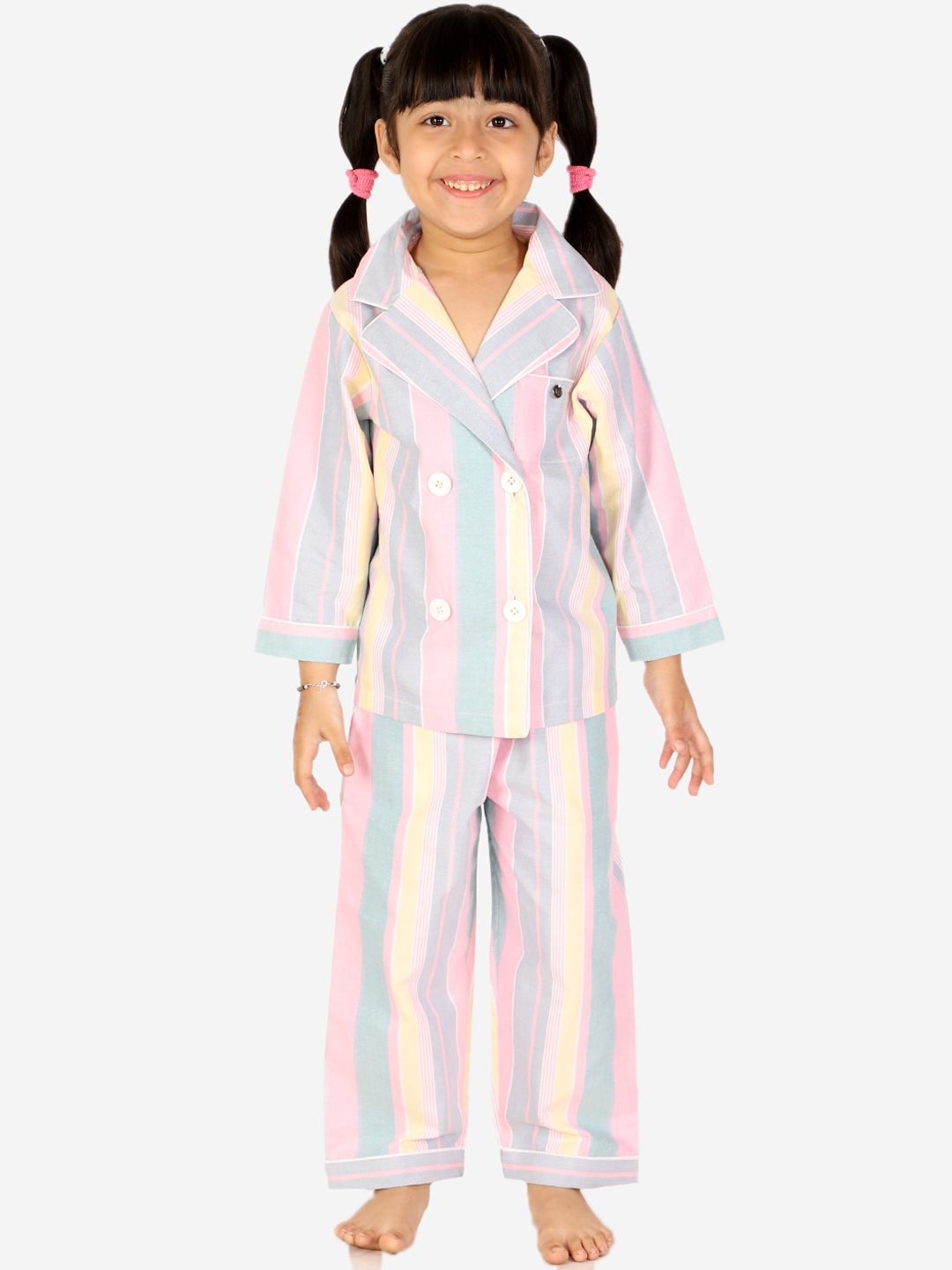 

White Dahlia Girls Striped Pure Cotton Night Suit, Grey