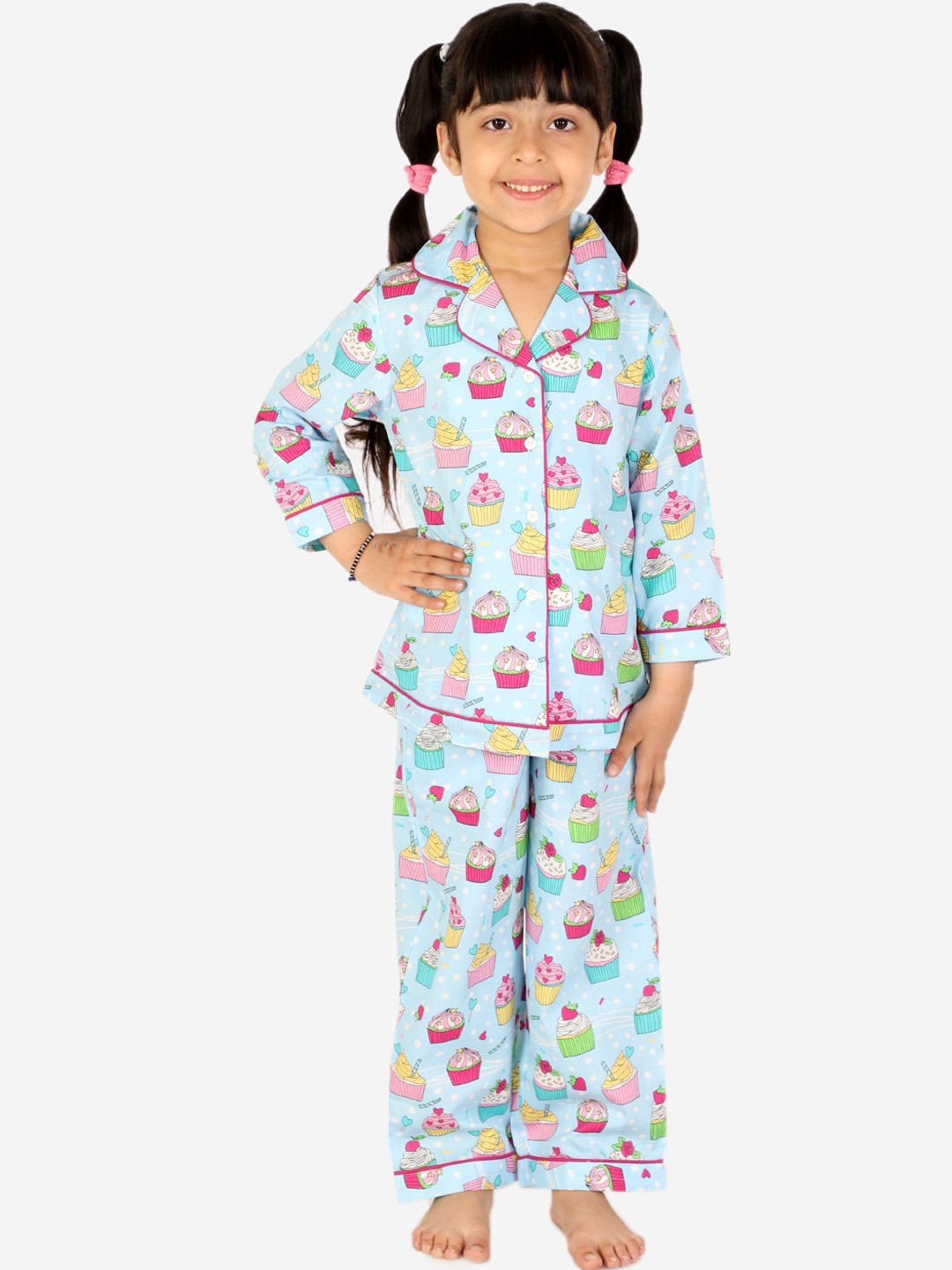 

White Dahlia Girls Conversational Printed Pure Cotton Night Suit, Blue