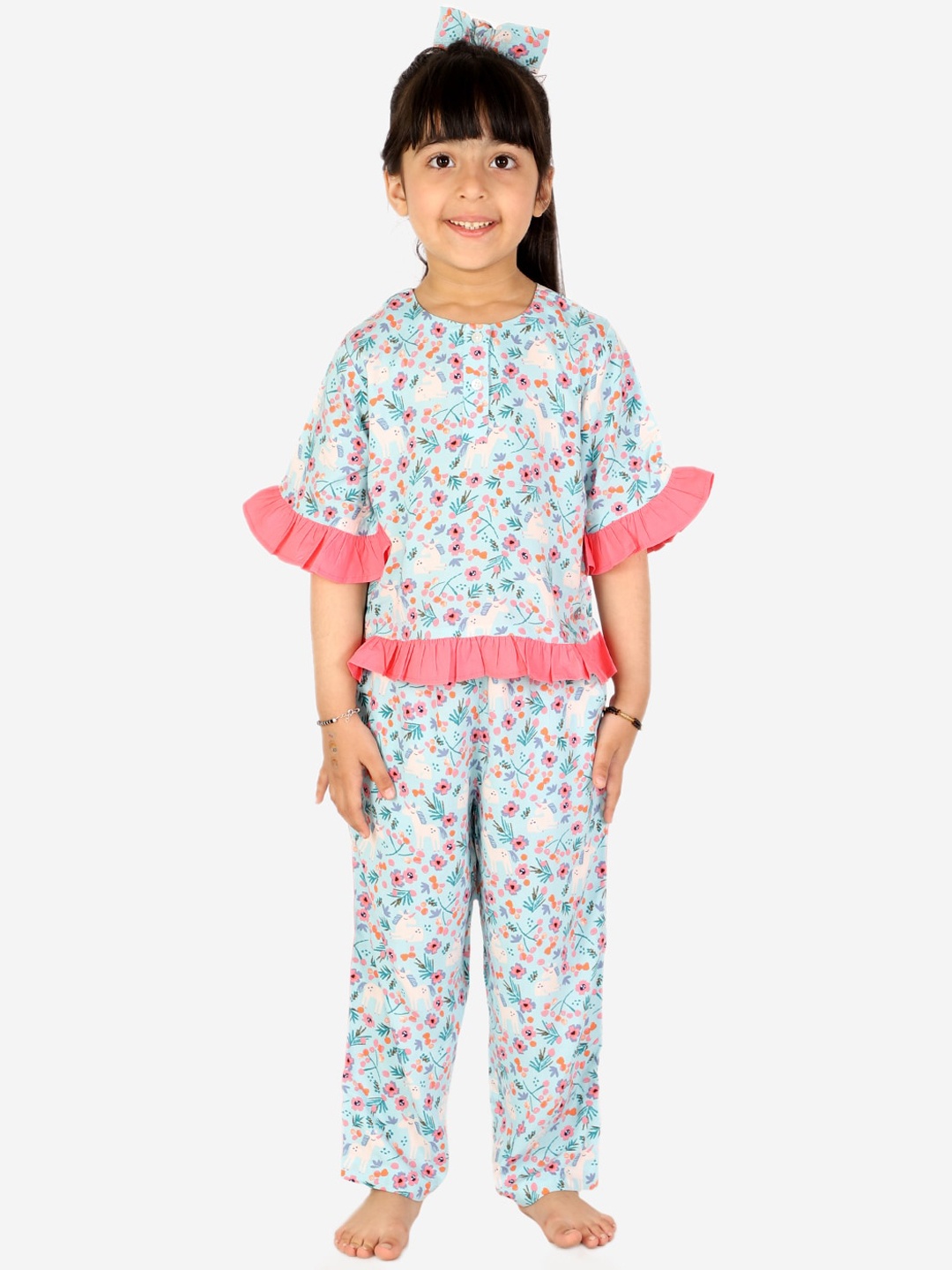 

White Dahlia Girls Floral Printed Pure Cotton Night Suit, Blue