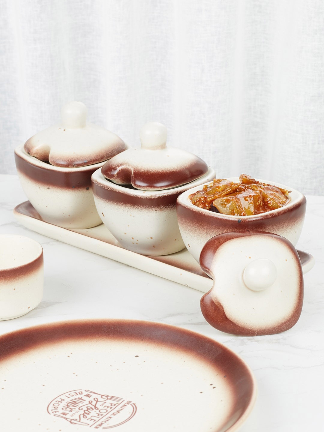 

HomeTown Beautiful Kitchen Off White & Brown 3 Pieces Printed Stoneware Pickle Set