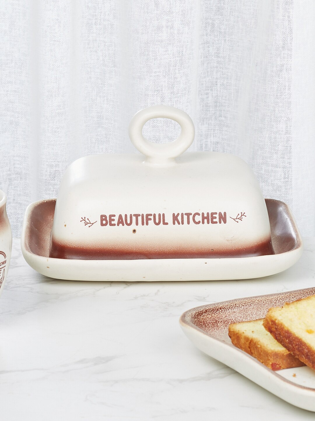 

HomeTown Beautiful Kitchen Off White & Brown Stoneware Butter Dish