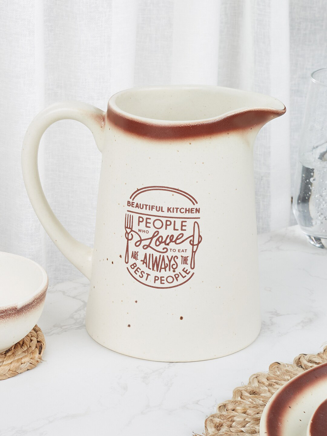 

HomeTown Beautiful Kitchen Off White & Brown Printed Stoneware Water Jug