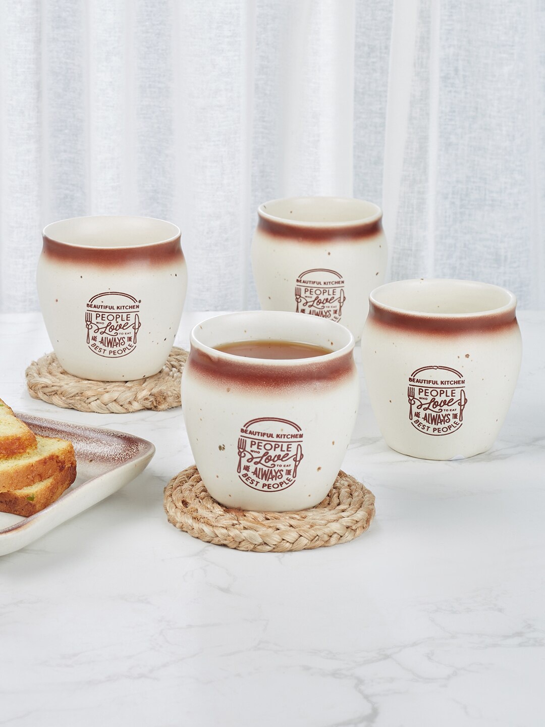 

HomeTown Beautiful Kitchen Off White & Brown 4Pieces Printed Stoneware Kulladhs 150ml Each
