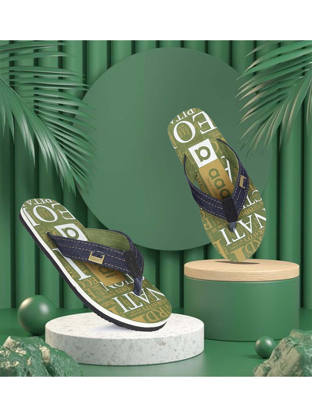 

aadi Men Printed Rubber Thong Flip-Flops, Olive