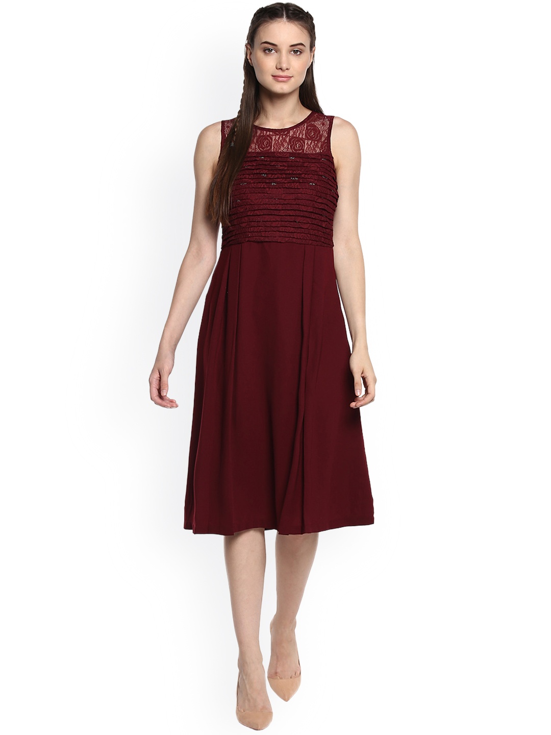 

Soie Women Maroon Lace Fit and Flare Dress