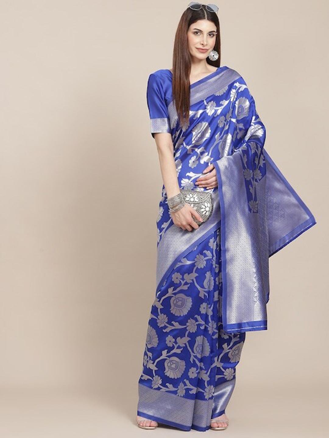 

GAJARAI Woven Design Zari Silk Blend Banarasi Saree, Blue