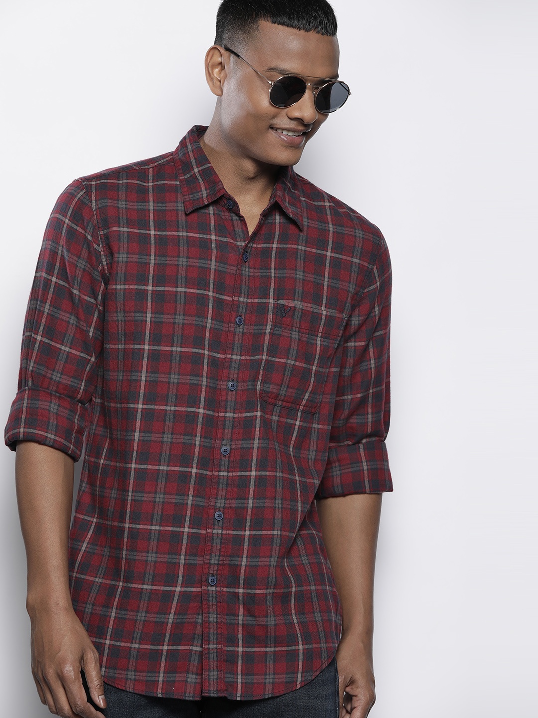 

AMERICAN EAGLE OUTFITTERS Slim Fit Tartan Checked Casual Shirt, Maroon