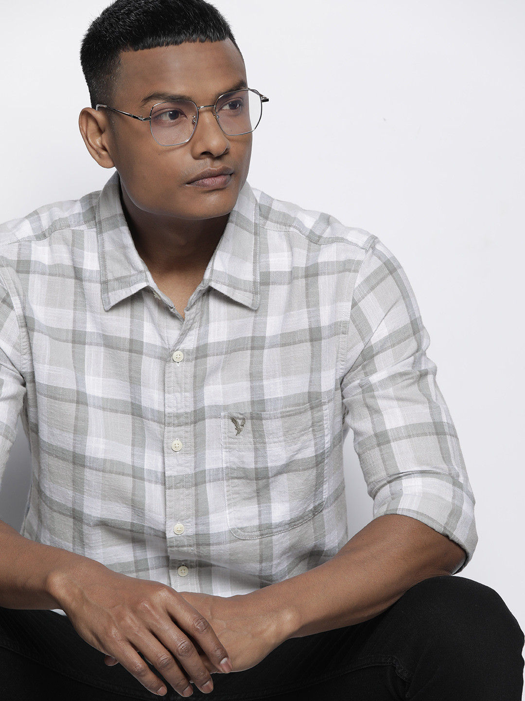 

AMERICAN EAGLE OUTFITTERS Slim Fit Pure Cotton Checked Casual Shirt, Off white