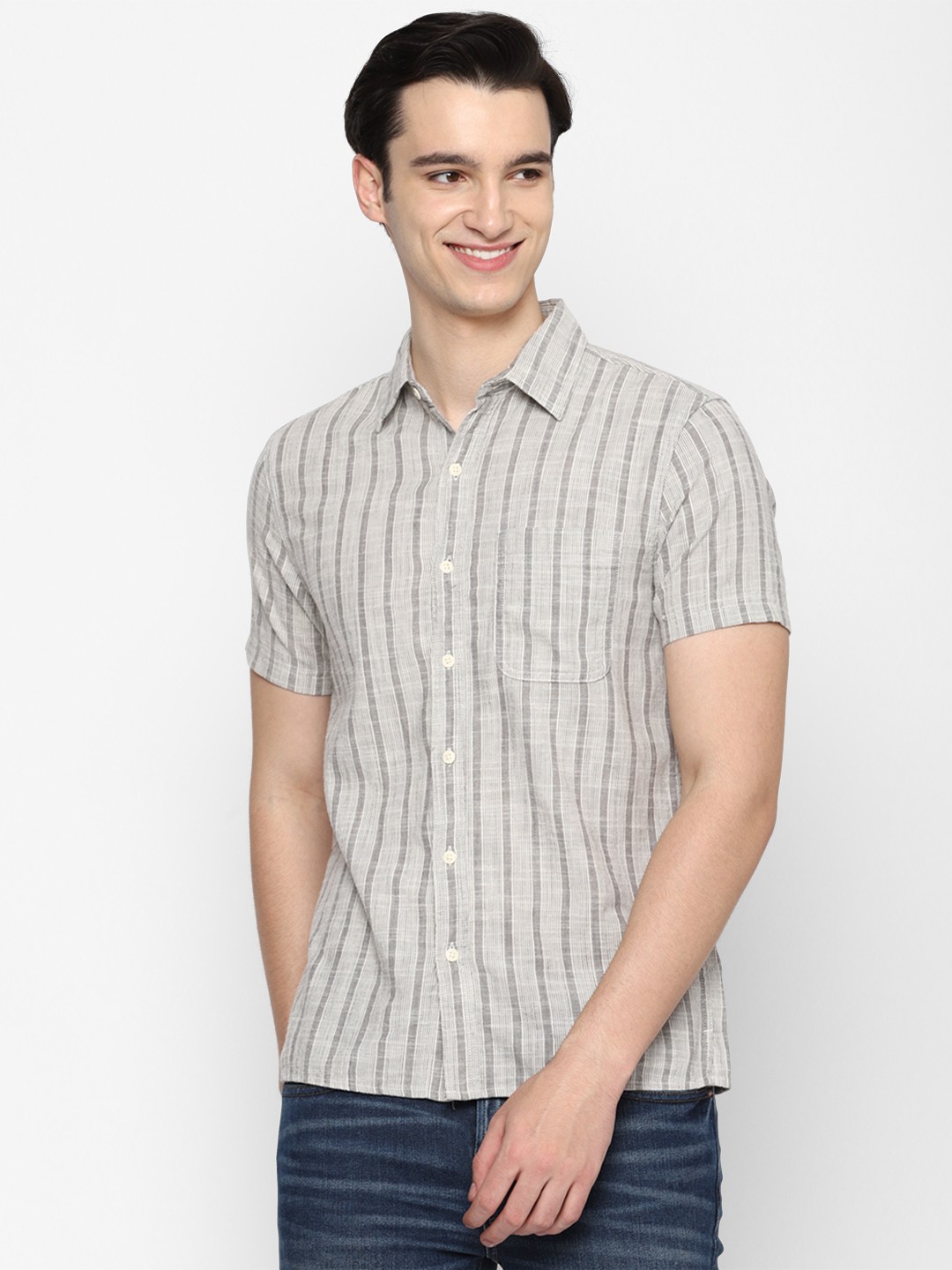 

AMERICAN EAGLE OUTFITTERS Classic Cotton Opaque Striped Casual Shirt, Grey