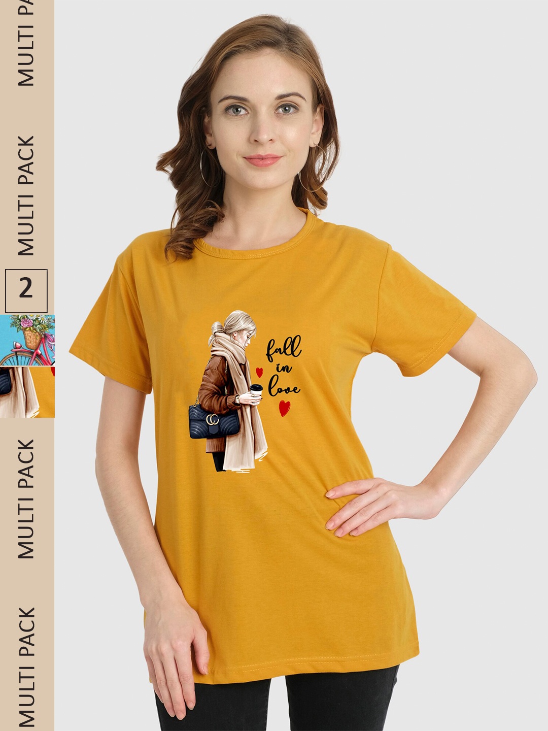 

CHOZI Women Pack of 2 Printed Running Cotton T-shirt, Mustard