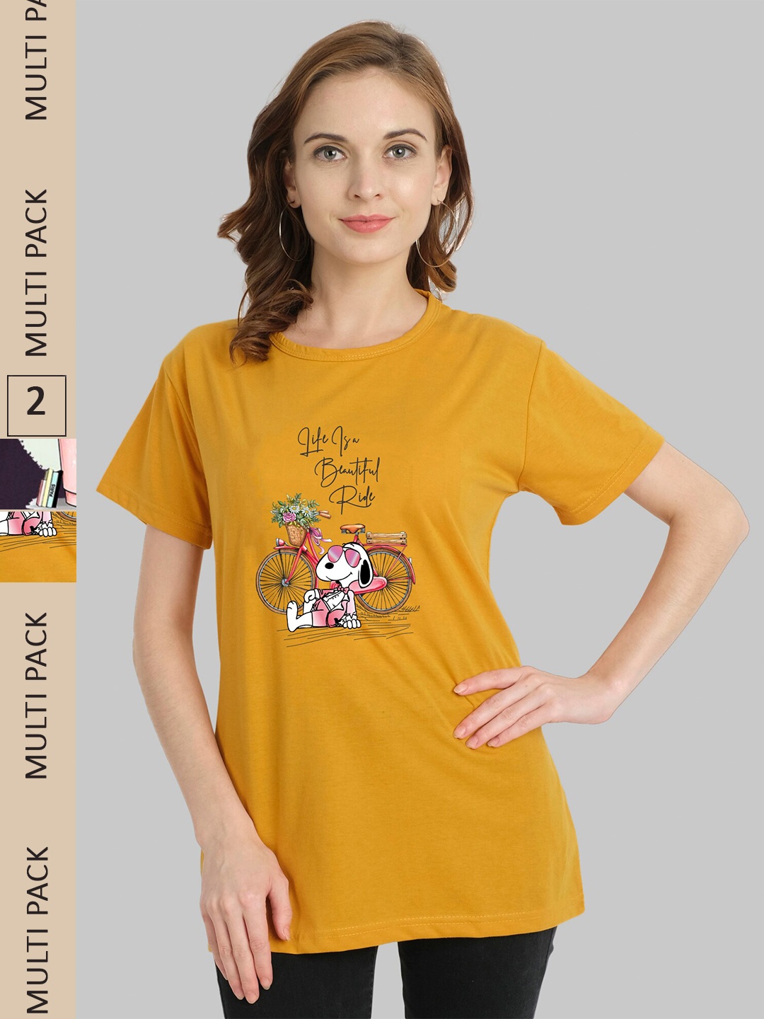 

CHOZI Pack of 2 Graphic Printed Drop-Shoulder Sleeves Cotton T-shirt, Mustard