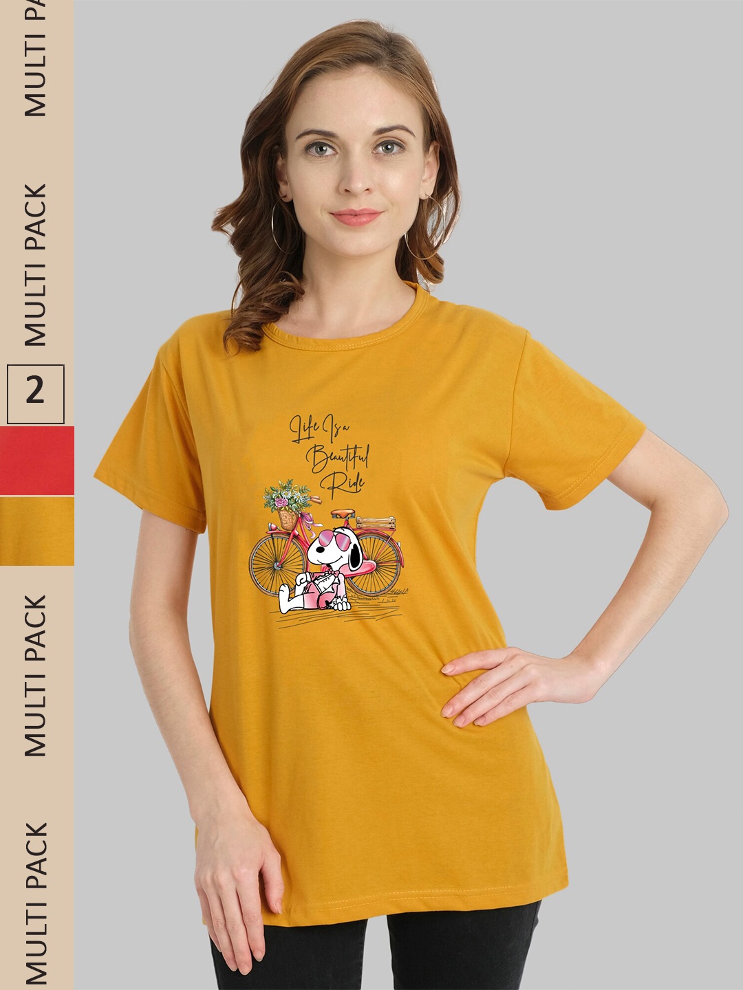 

CHOZI Pack Of 2 Graphic Printed Cotton T-shirt, Mustard