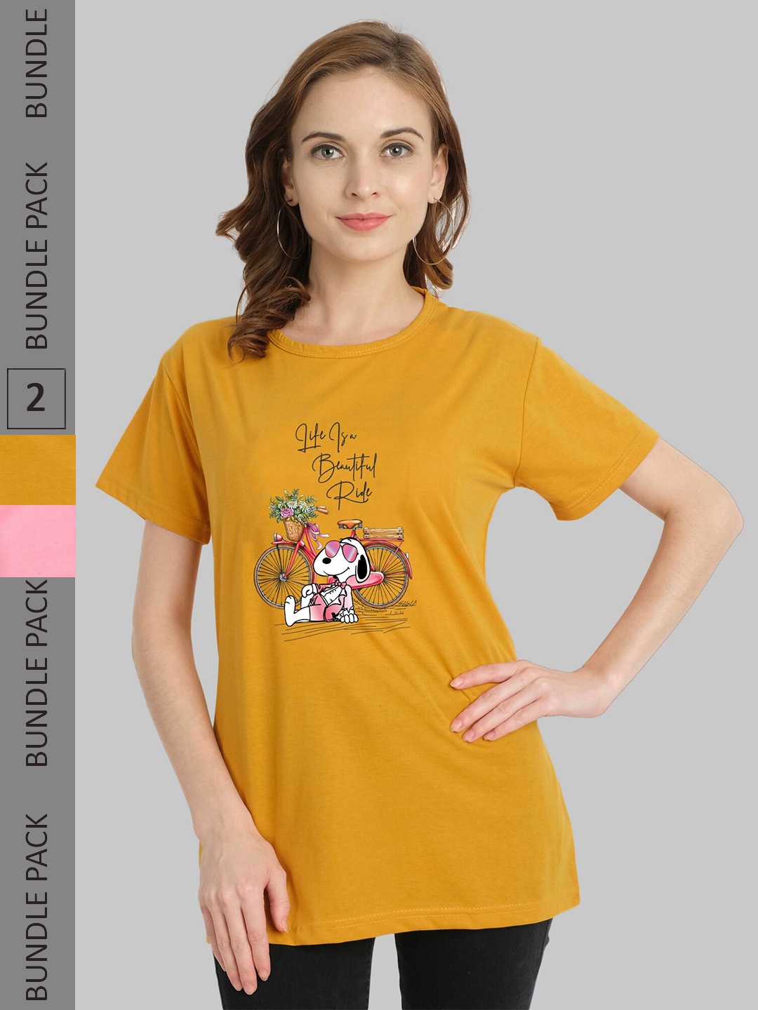 

CHOZI Pack of 2 Printed Cotton T-shirts, Mustard