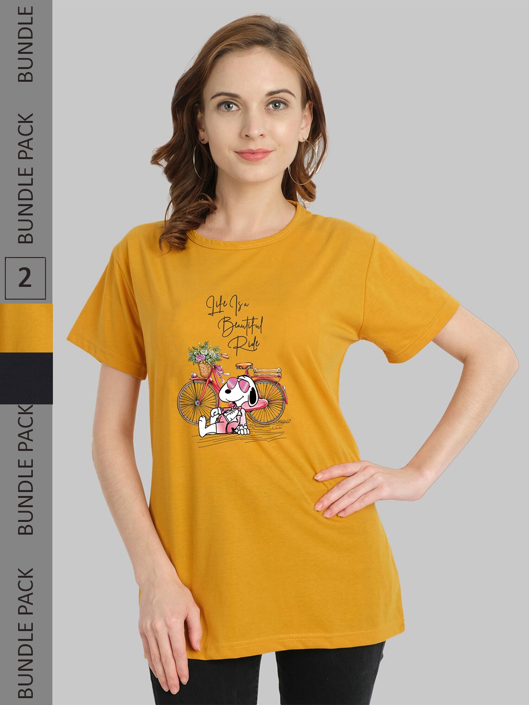 

CHOZI Pack Of 2 Printed Cotton T-shirt, Mustard