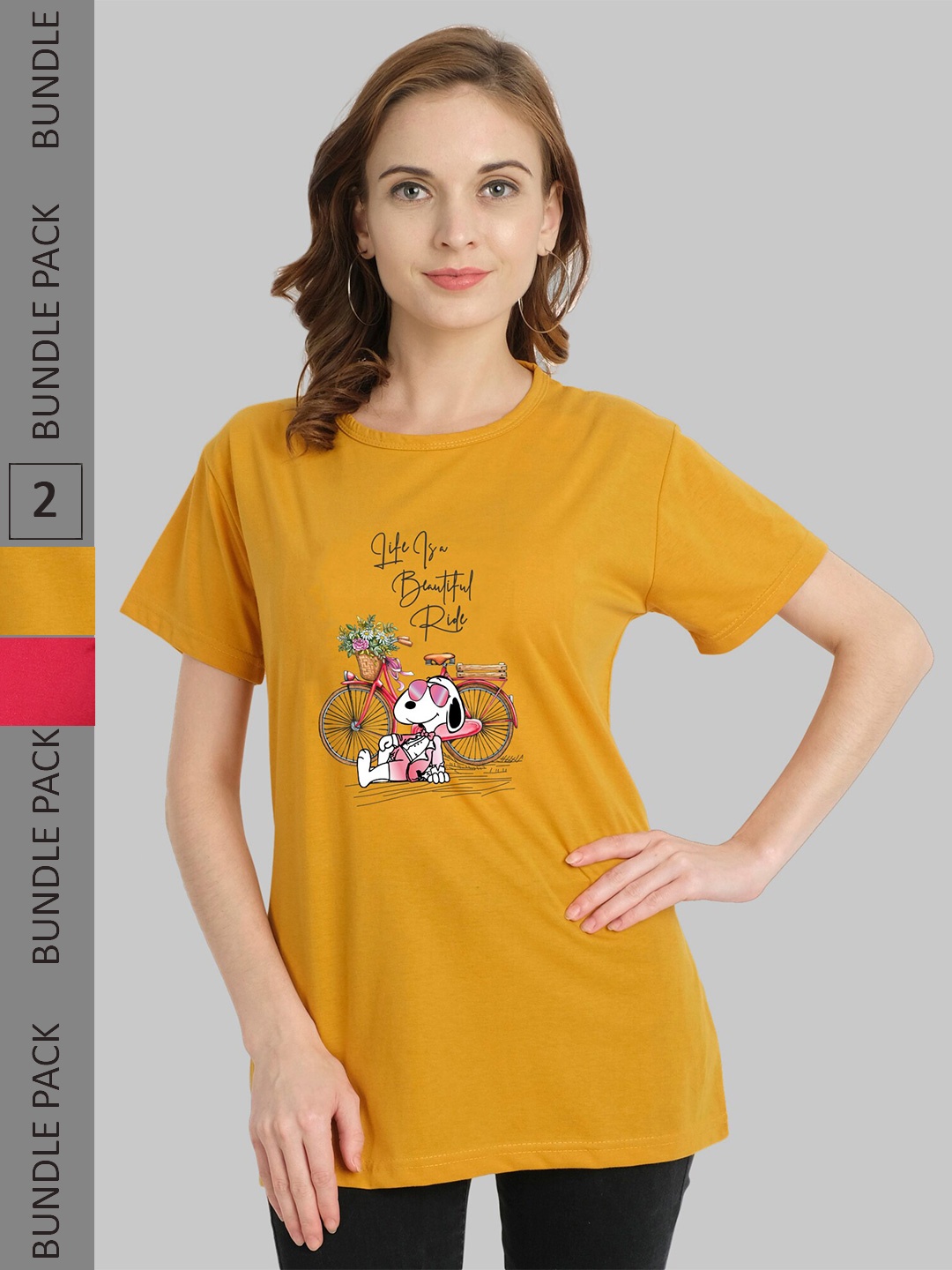 

CHOZI Pack Of 2 Graphic Printed Cotton T-shirts, Mustard