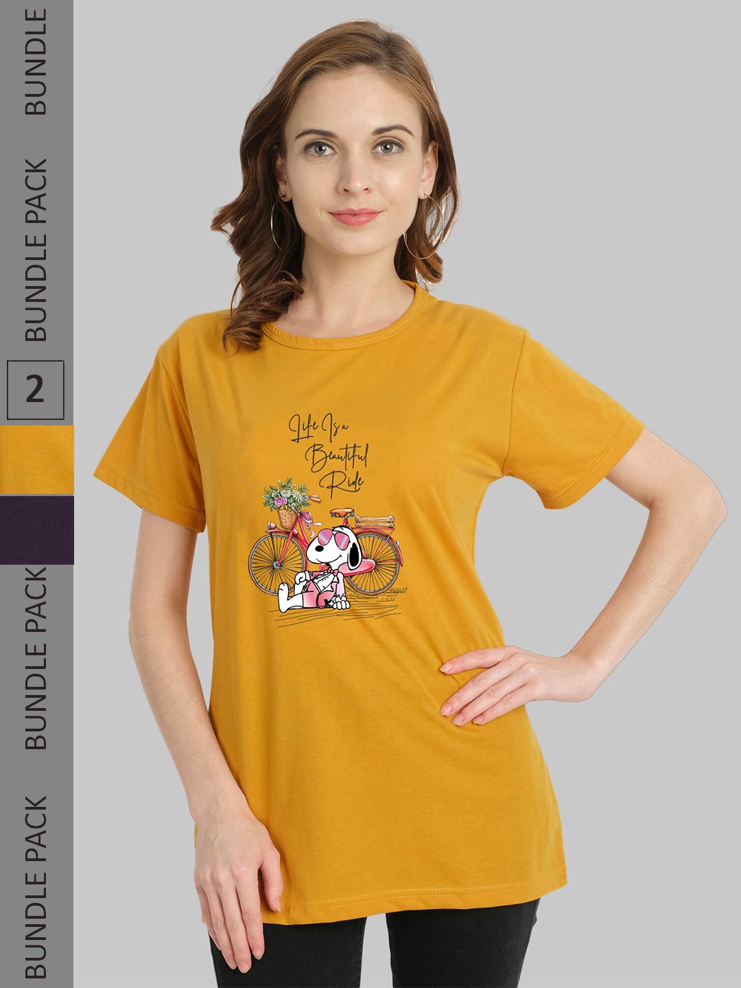 

CHOZI Women Mustard Pack of 2 Printed Cotton T-shirt