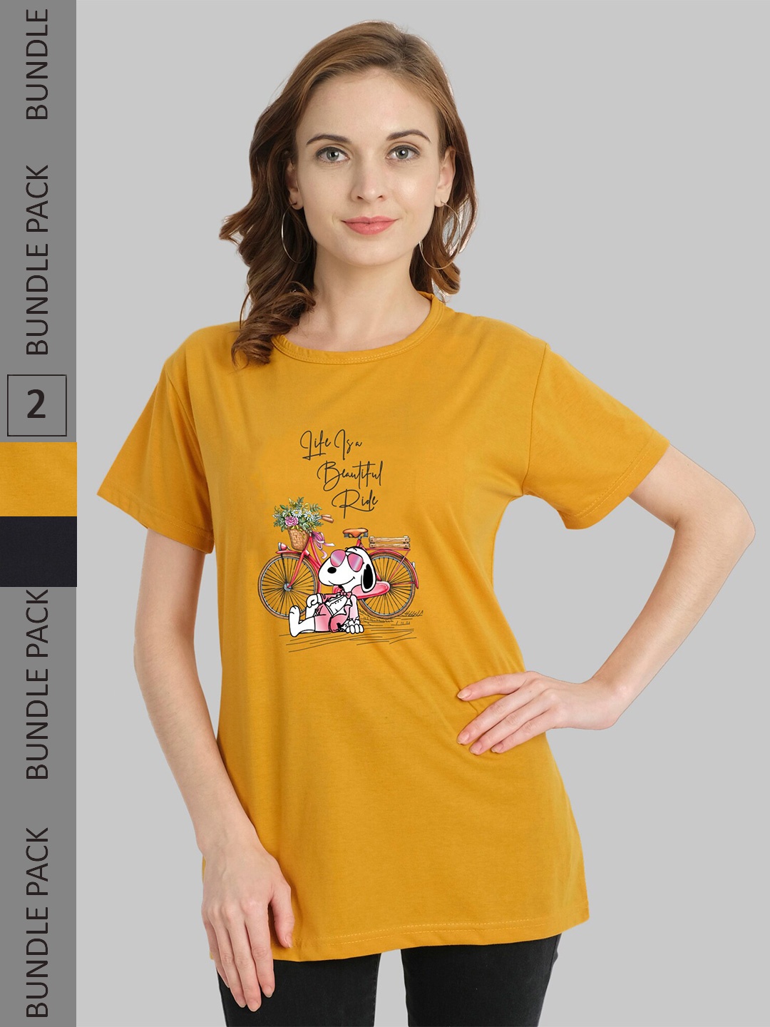 

CHOZI Pack Of 2 Graphic Printed Cotton T-shirt, Mustard