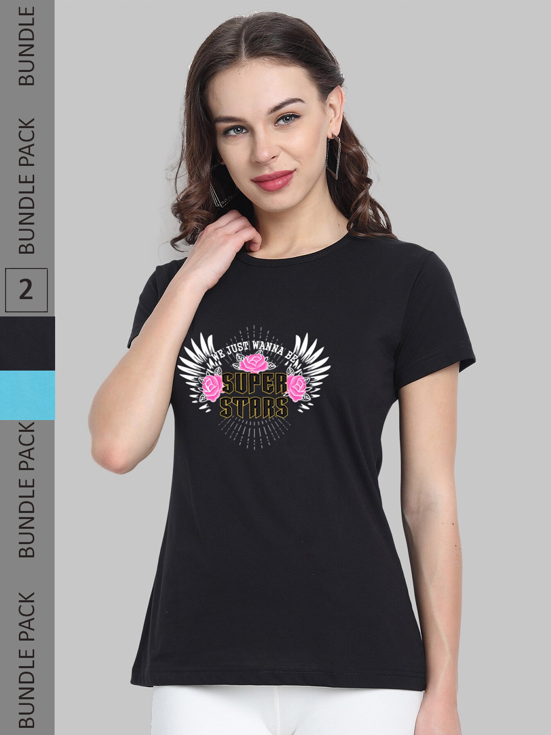 

CHOZI Pack Of 2 Typography Printed Cotton T-shirt, Black