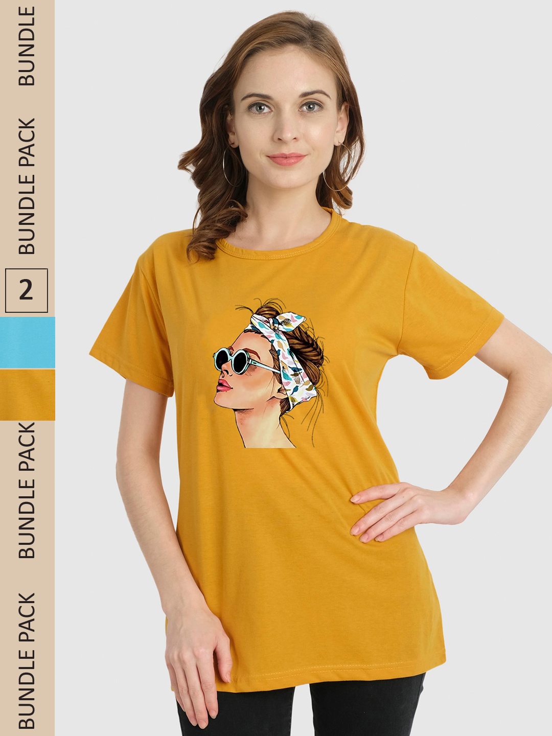 

CHOZI Pack of 2 Graphic Printed Cotton T-shirts, Mustard