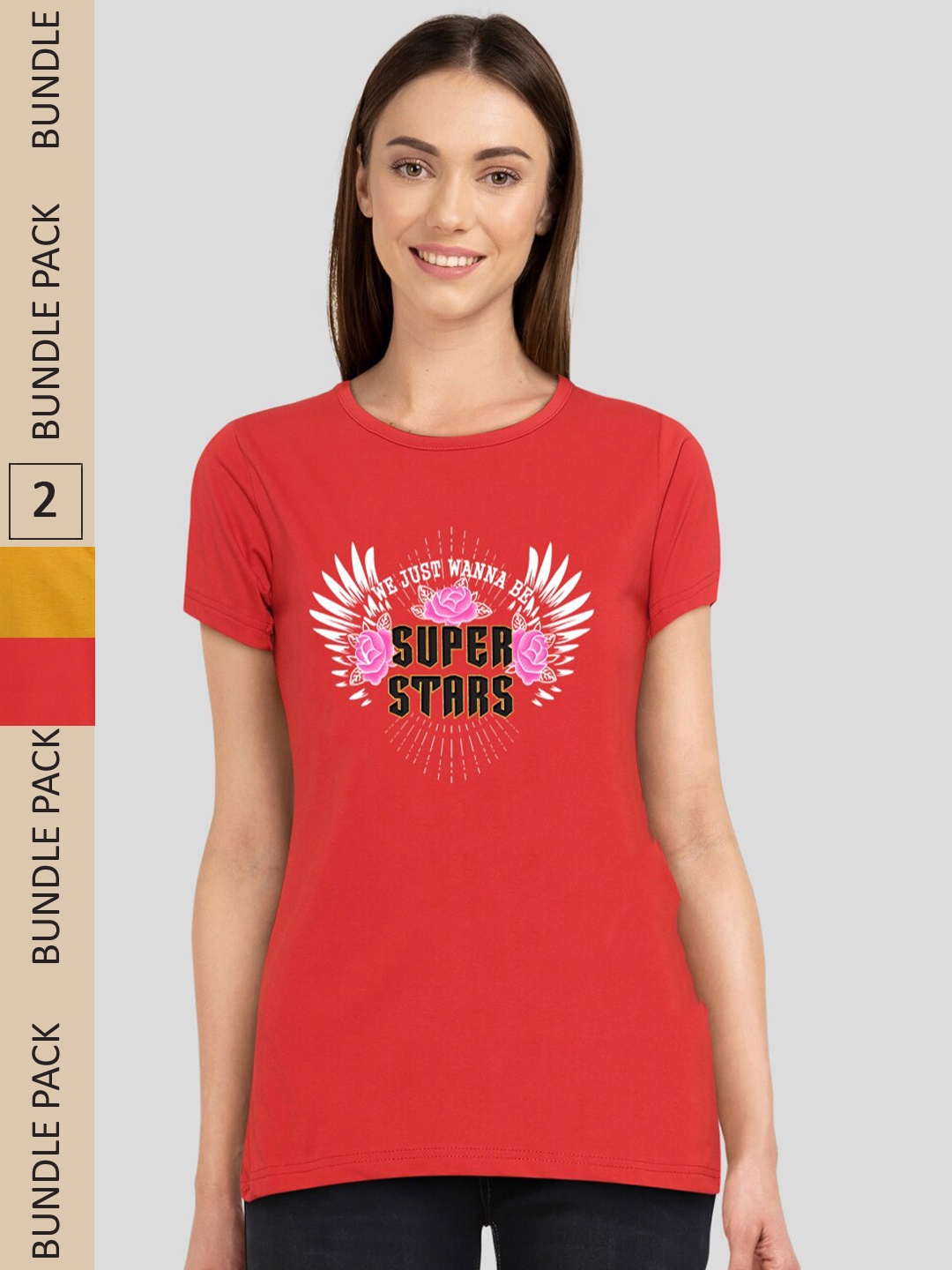 

CHOZI Pack Of 2 Graphic Printed Drop-Shoulder Sleeves Cotton T-shirt, Red