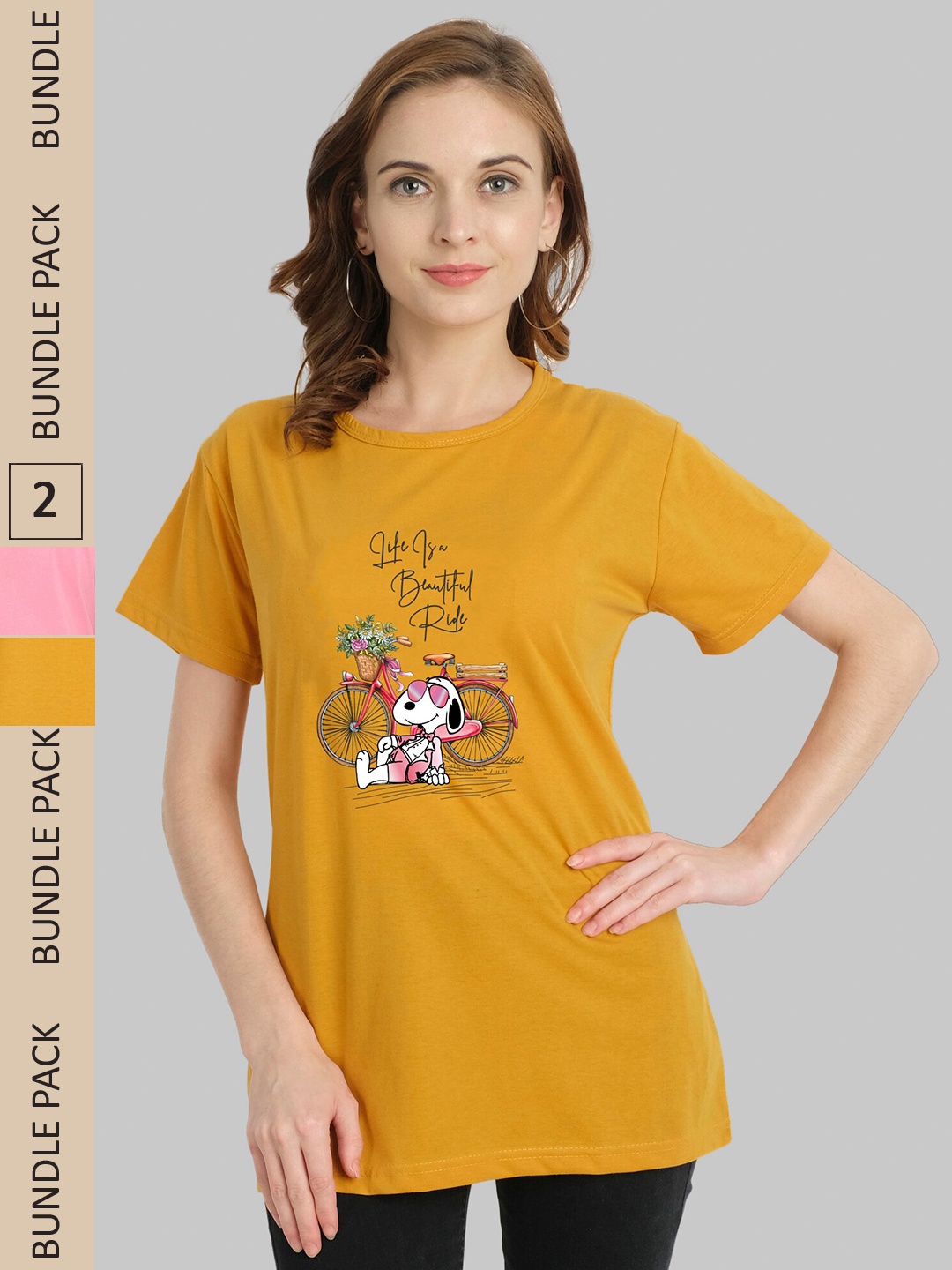 

CHOZI Pack of 2 Graphic Printed Cotton T-shirts, Mustard