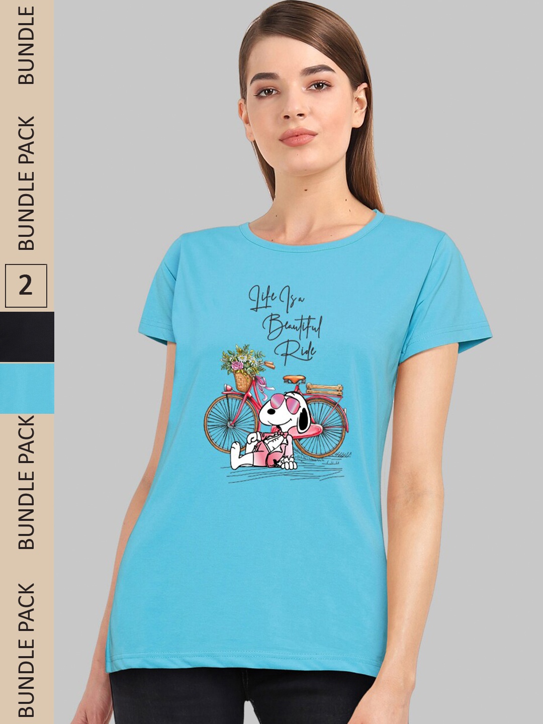 

CHOZI Women Pack of 2 Printed Running Cotton T-shirt, Turquoise blue