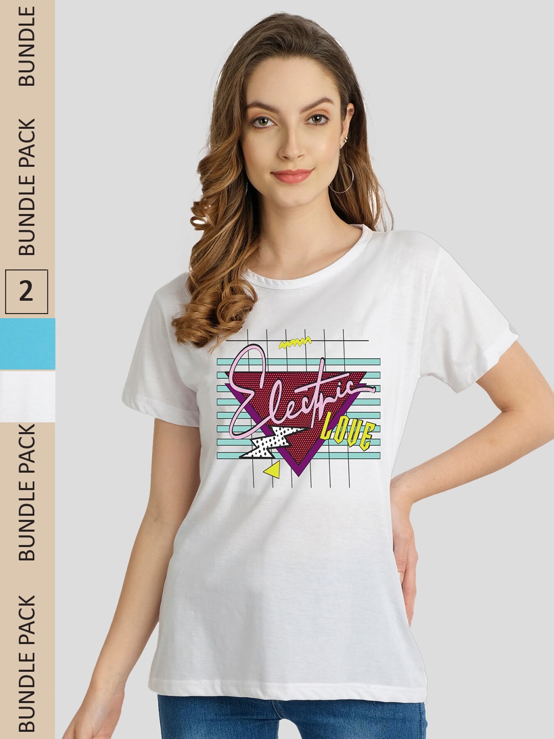 

CHOZI Pack Of 2 Printed Graphic Printed Cotton T-shirt, Turquoise blue