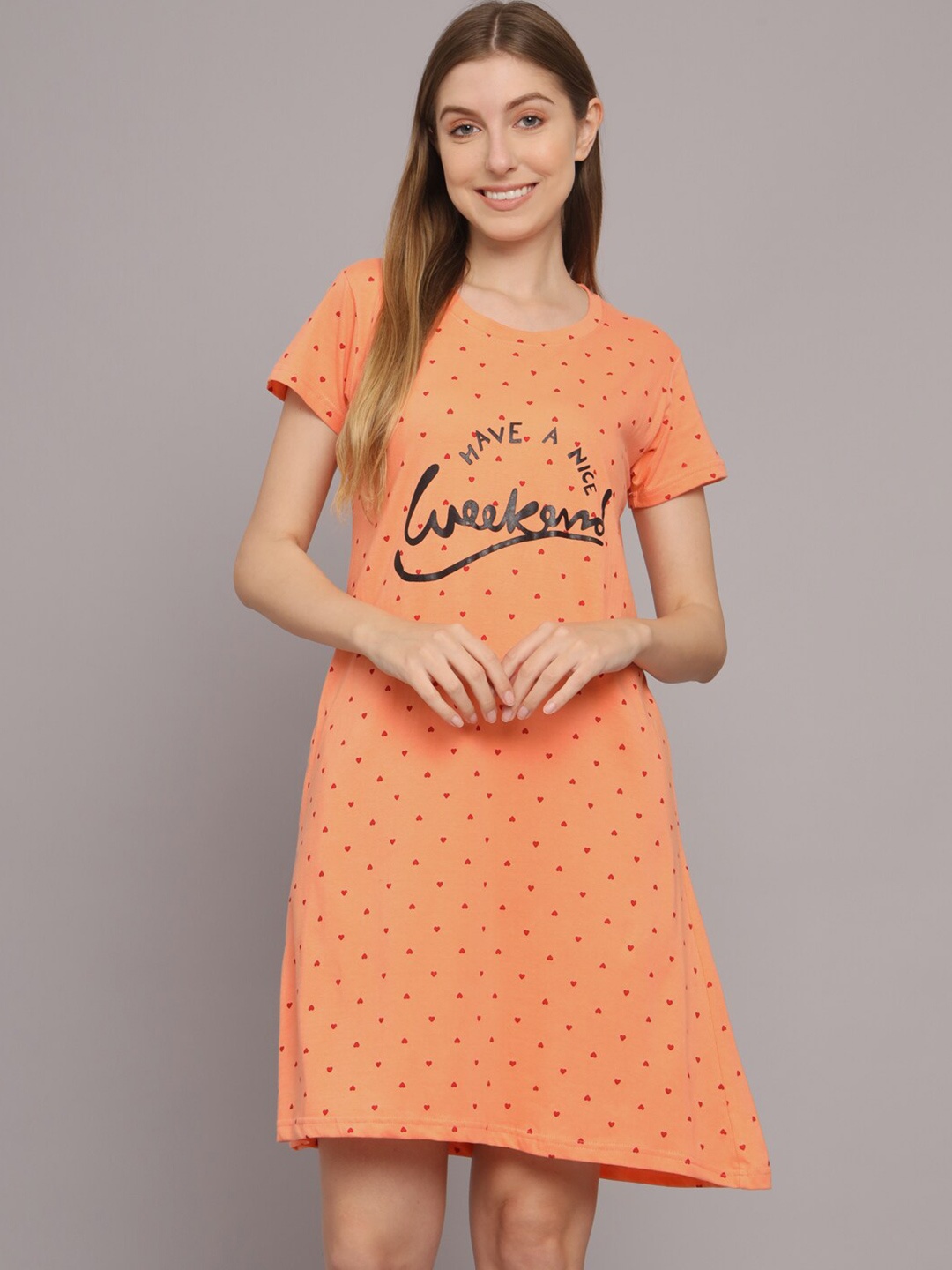 

SEPHANI Conversational Printed Pure Cotton Nightdress, Peach