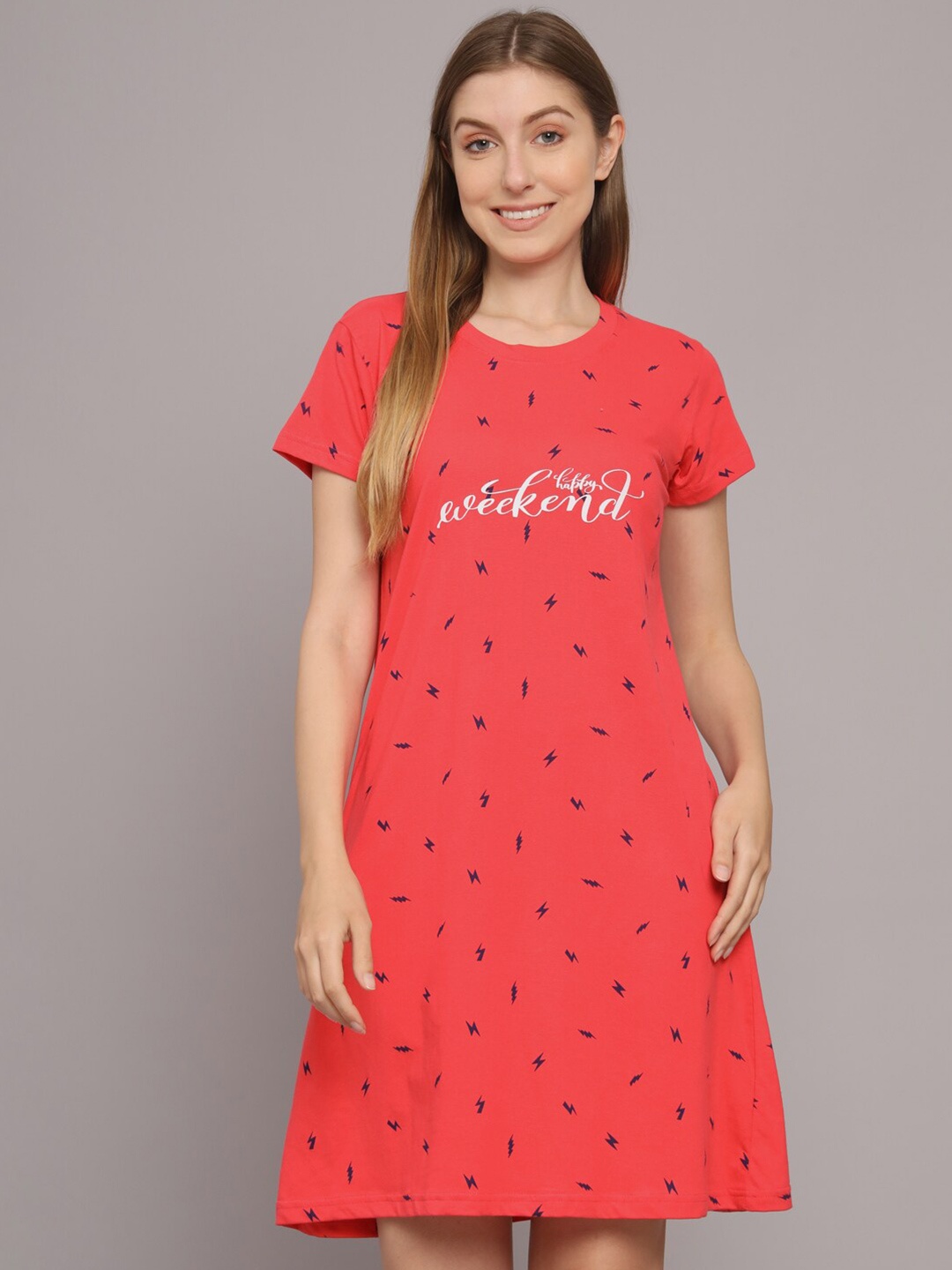 

SEPHANI Geometric Printed Pure Cotton Nightdress, Pink