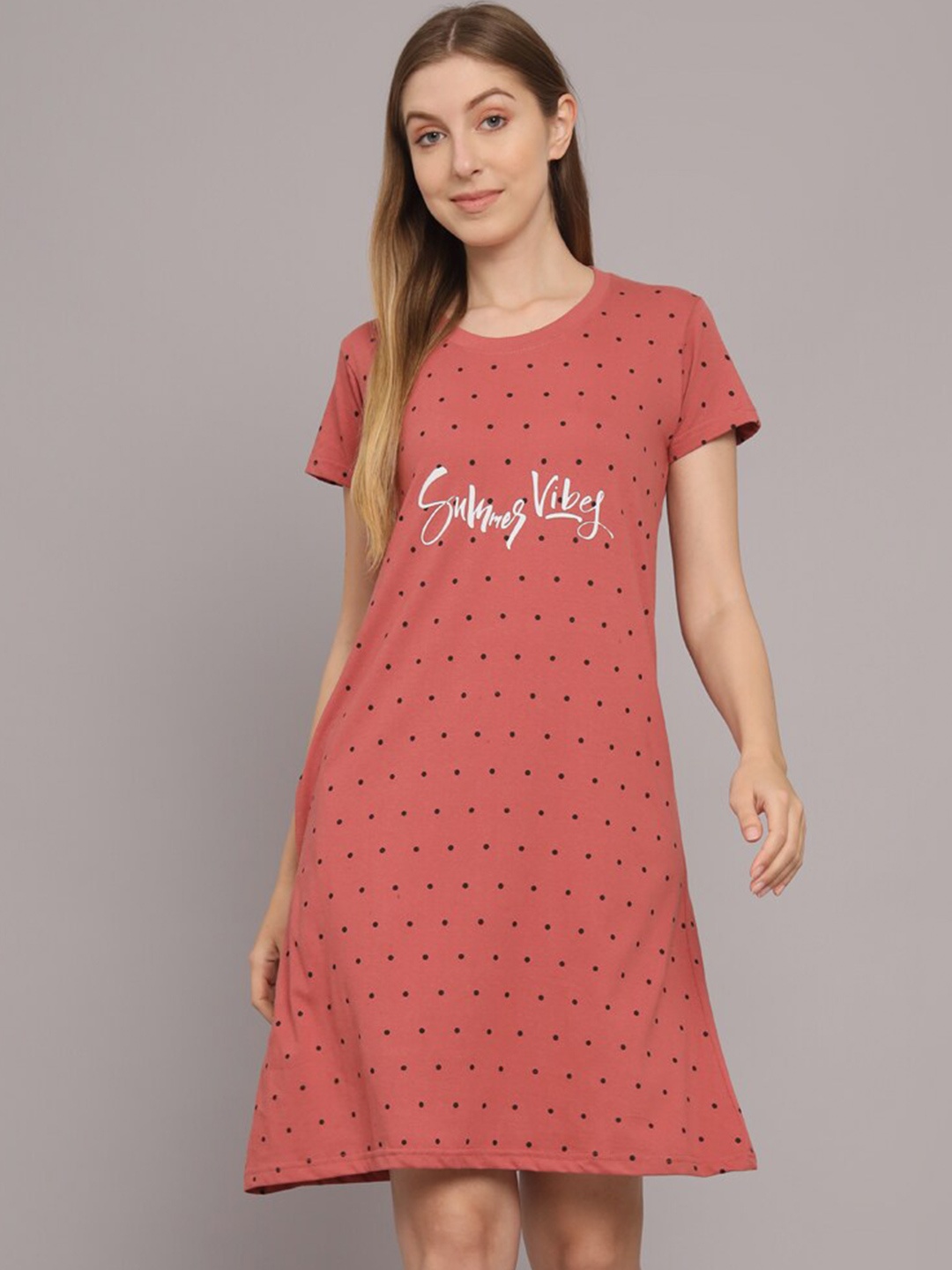 

SEPHANI Polka Dots Printed Pure Cotton Nightdress, Rust