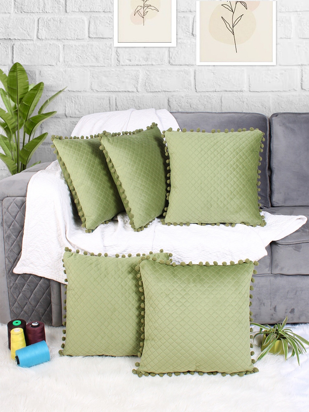 

STITCHNEST Green 5 Pcs Embroidered Velvet Quilted Square Cushion Covers With Pom Pom