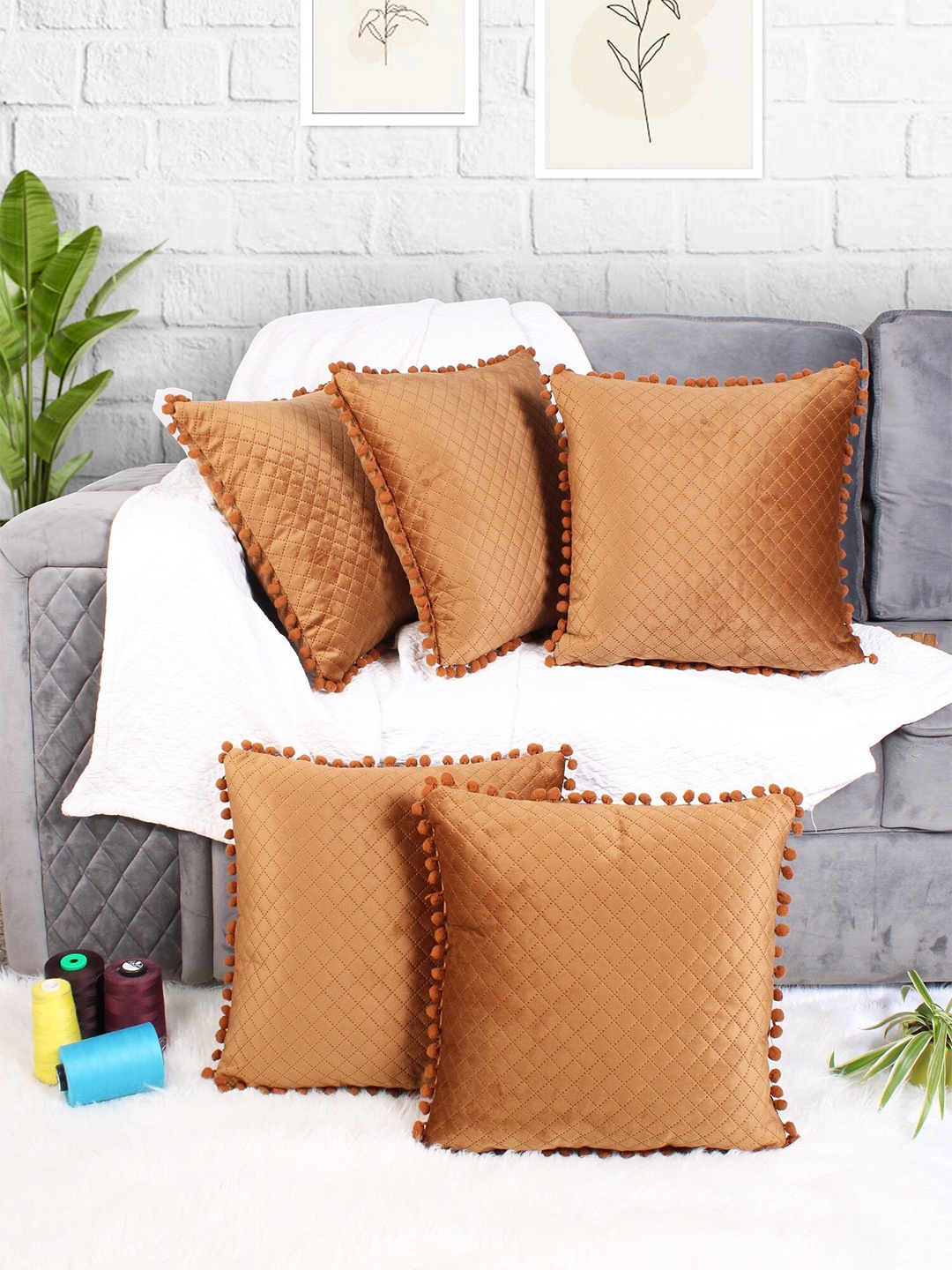 

STITCHNEST Brown 5 Pcs Velvet Quilted Square Cushion Covers With Pom Pom