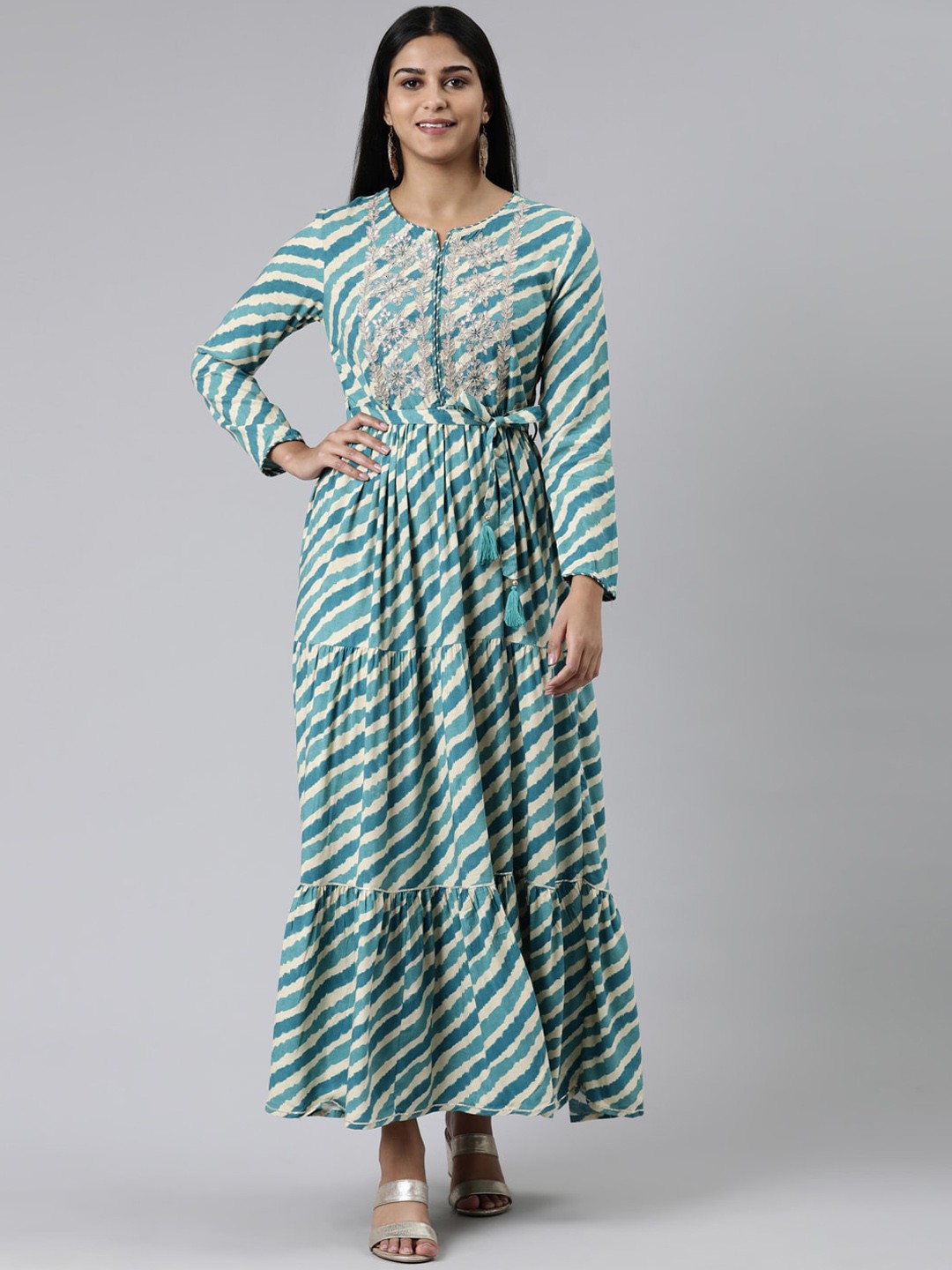 

Neerus Notched Neck Tie & Dyed Embellished A-Line Ethnic Dress, Turquoise blue
