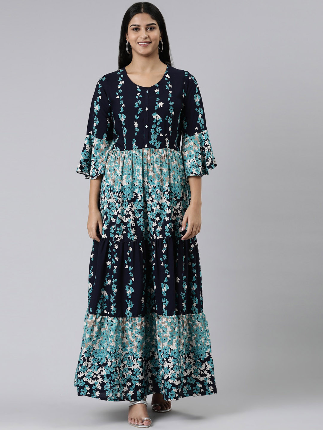 

Neerus Floral Printed Bell Sleeves Tiered A-Line Dress, Navy blue