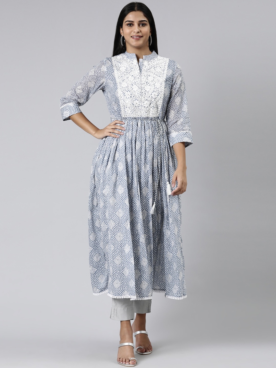 

Neerus Ethnic Motifs Printed Thread Work Anarkali Cotton Kurta, Blue