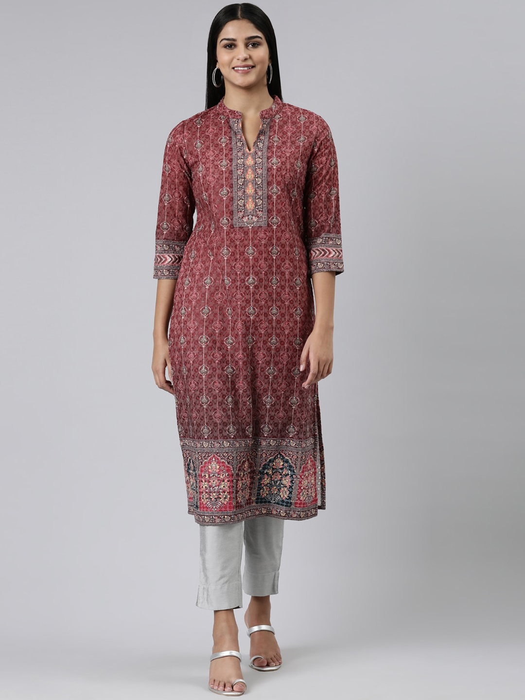 

Neerus Burgundy Ethnic Motifs Printed Thread Work Mandarin Collar Kurta
