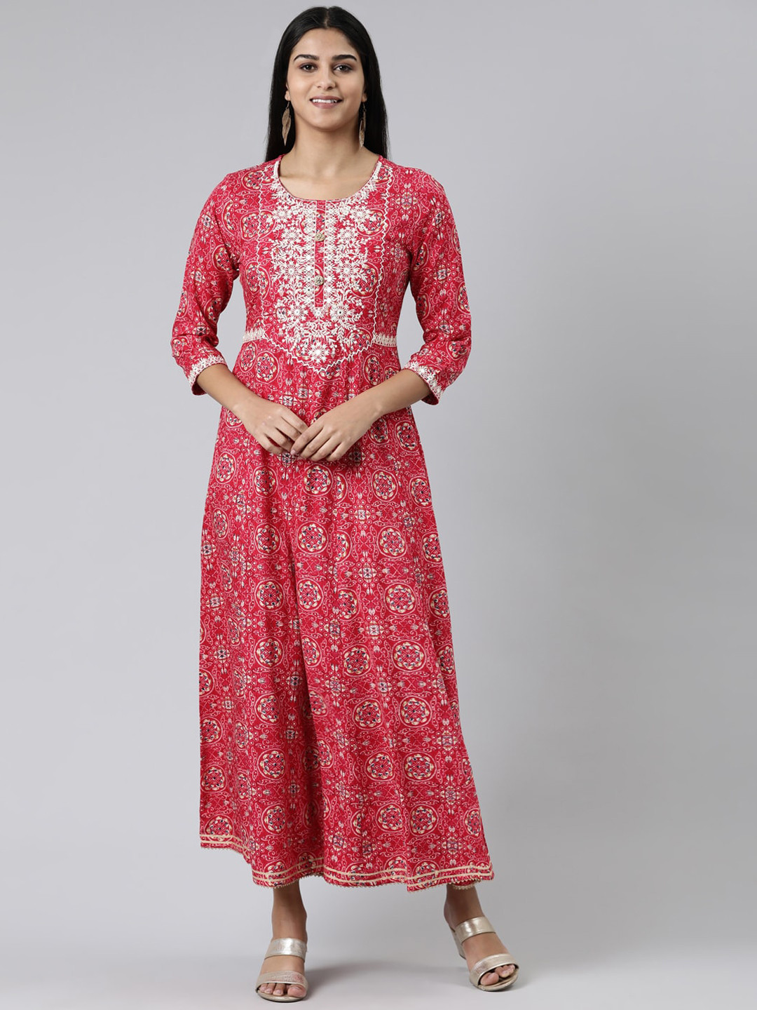 

Neerus Ethnic Motifs Printed Mirror Work A-Line Ethnic Dress, Pink