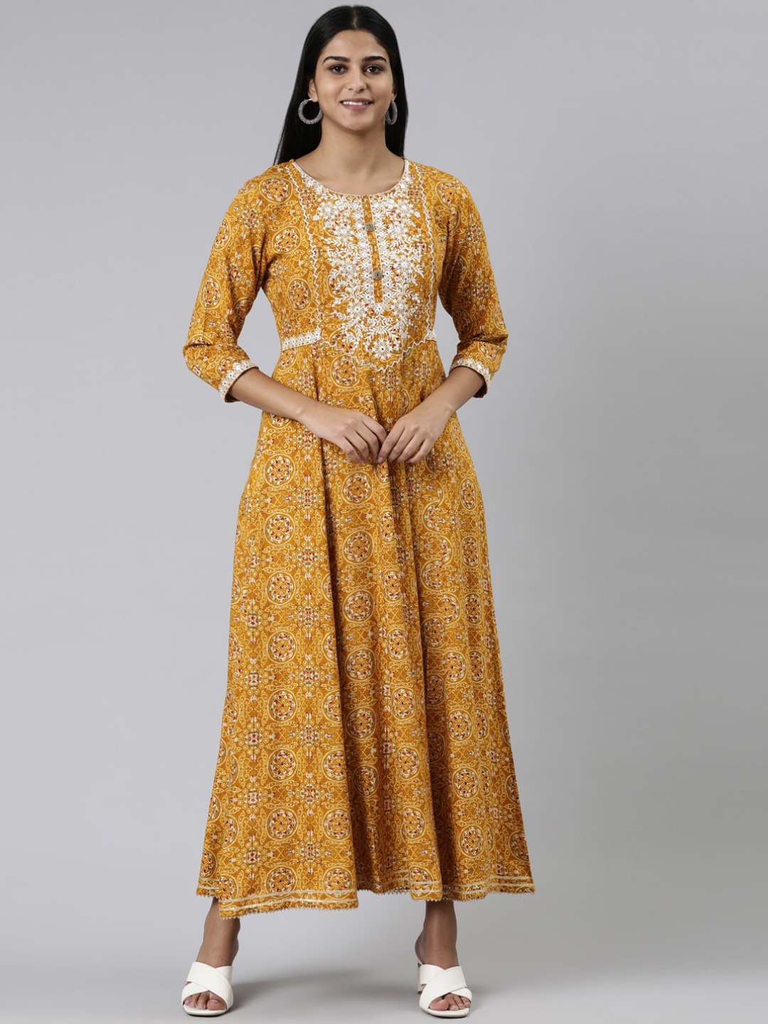 

Neerus Ethnic Printed Embroidered Detail Fit & Flare Ethnic Dress, Mustard