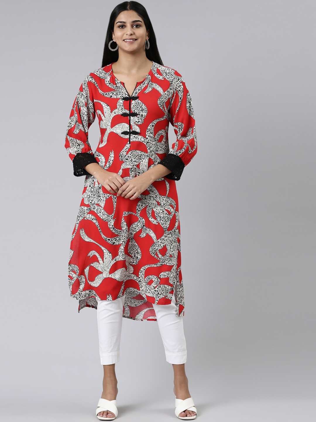 

Neerus V-Neck Abstract Printed High-low A-Line Kurta, Red