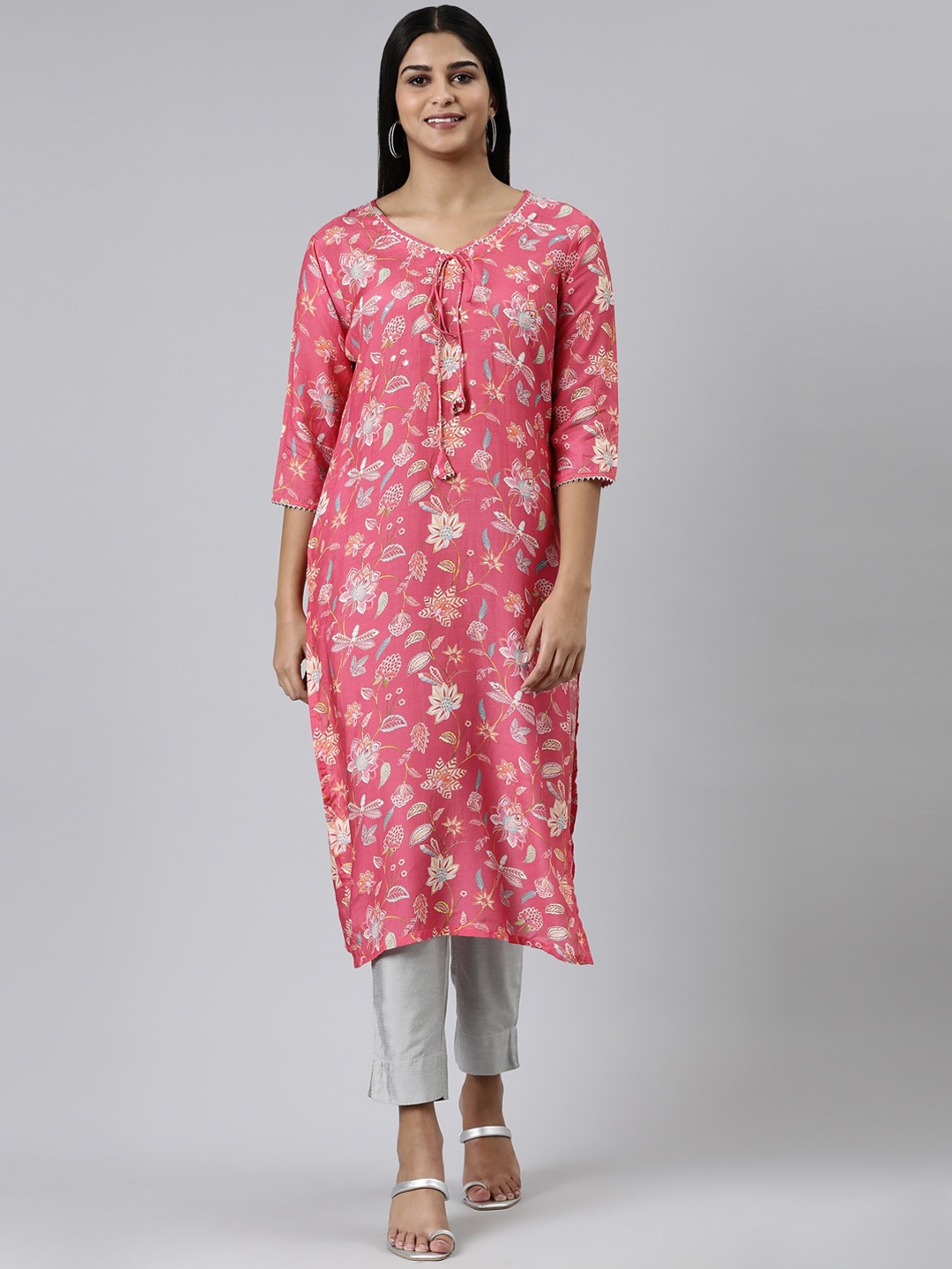 

Neerus Floral Printed Tie-Up Neck Cotton Kurta, Pink
