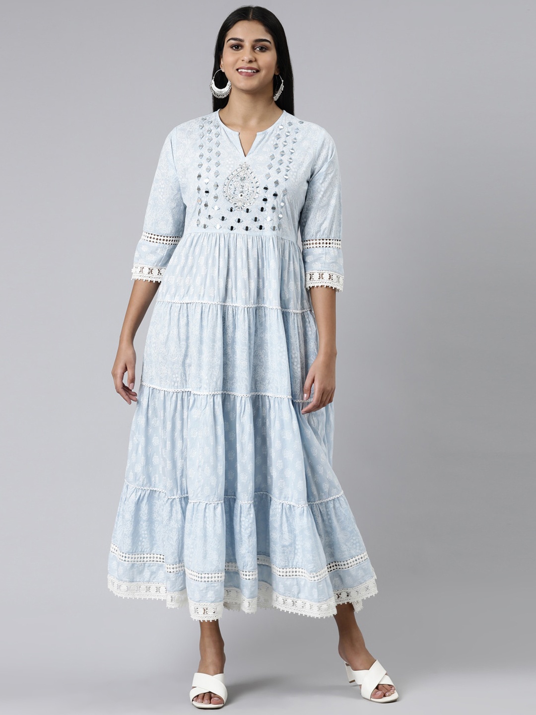 

Neerus Floral Printed Notch Neck Empire Cotton Ethnic Dress, Blue