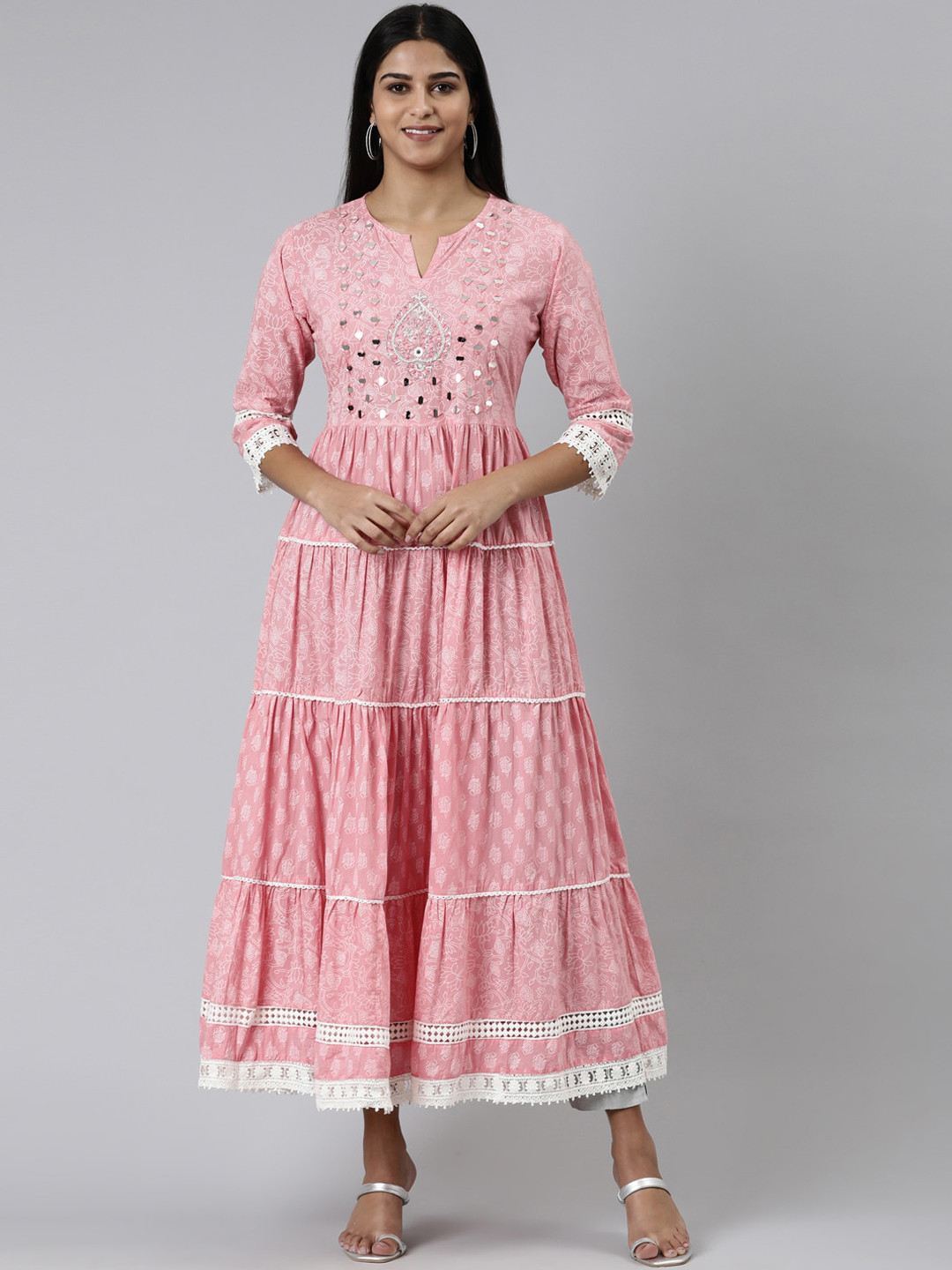 

Neerus Floral Printed Tiered Mirror Work A-Line Kurta, Pink