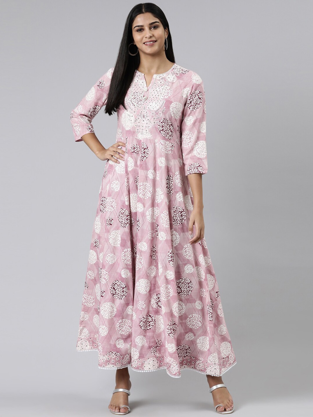 

Neerus Floral Printed Beads Ans Stones Work Anarkali Kurta, Mauve
