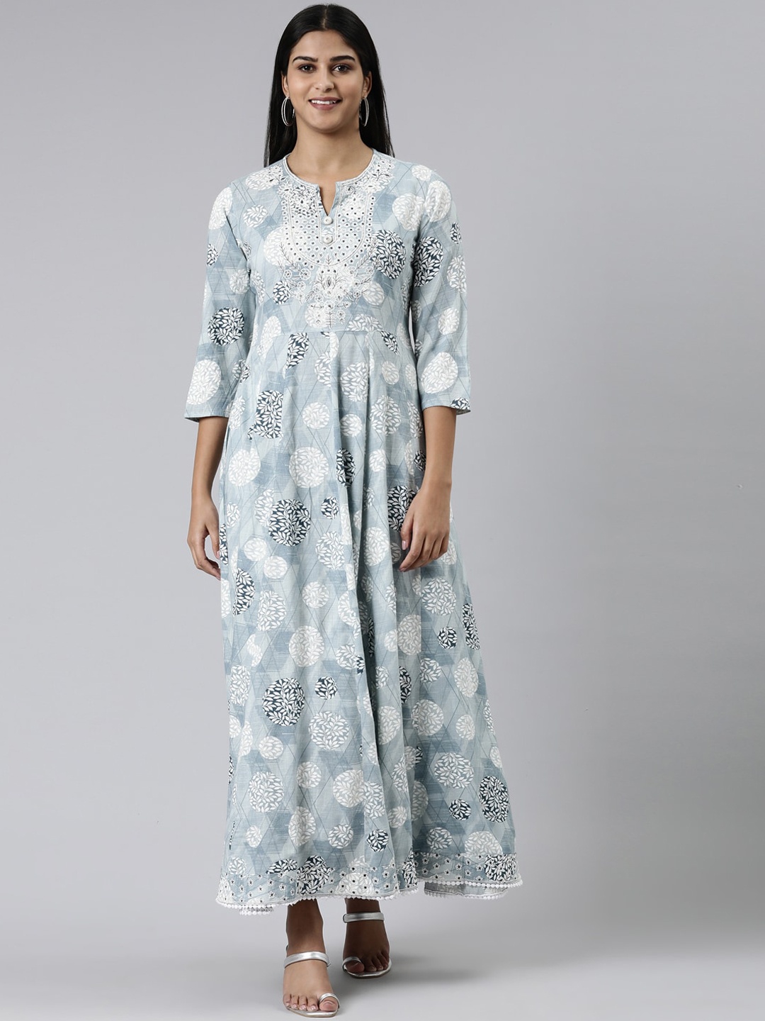 

Neerus Abstract Printed Notch Neck Thread Work Anarkali Kurta, Grey