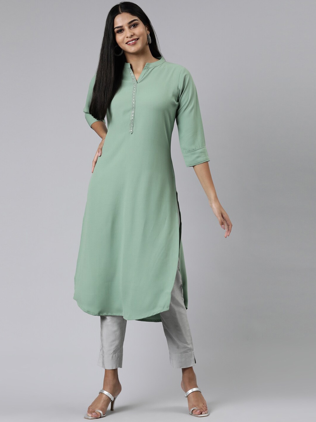 

Neerus Sequined Detail Band Collar Curved Kurta, Green
