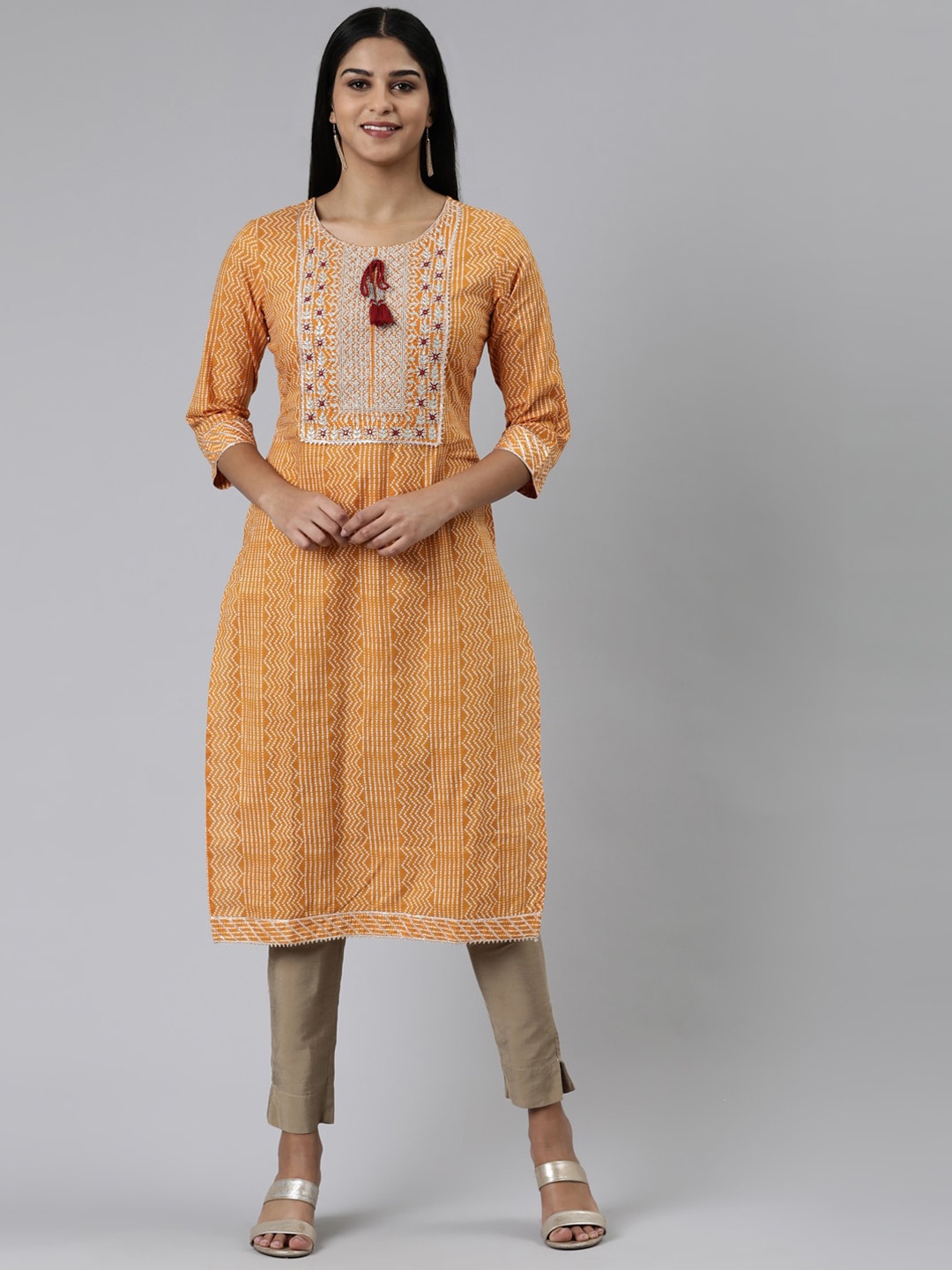 

Neerus Ethnic Motifs Printed Gotta Patti Cotton Straight Kurta, Mustard