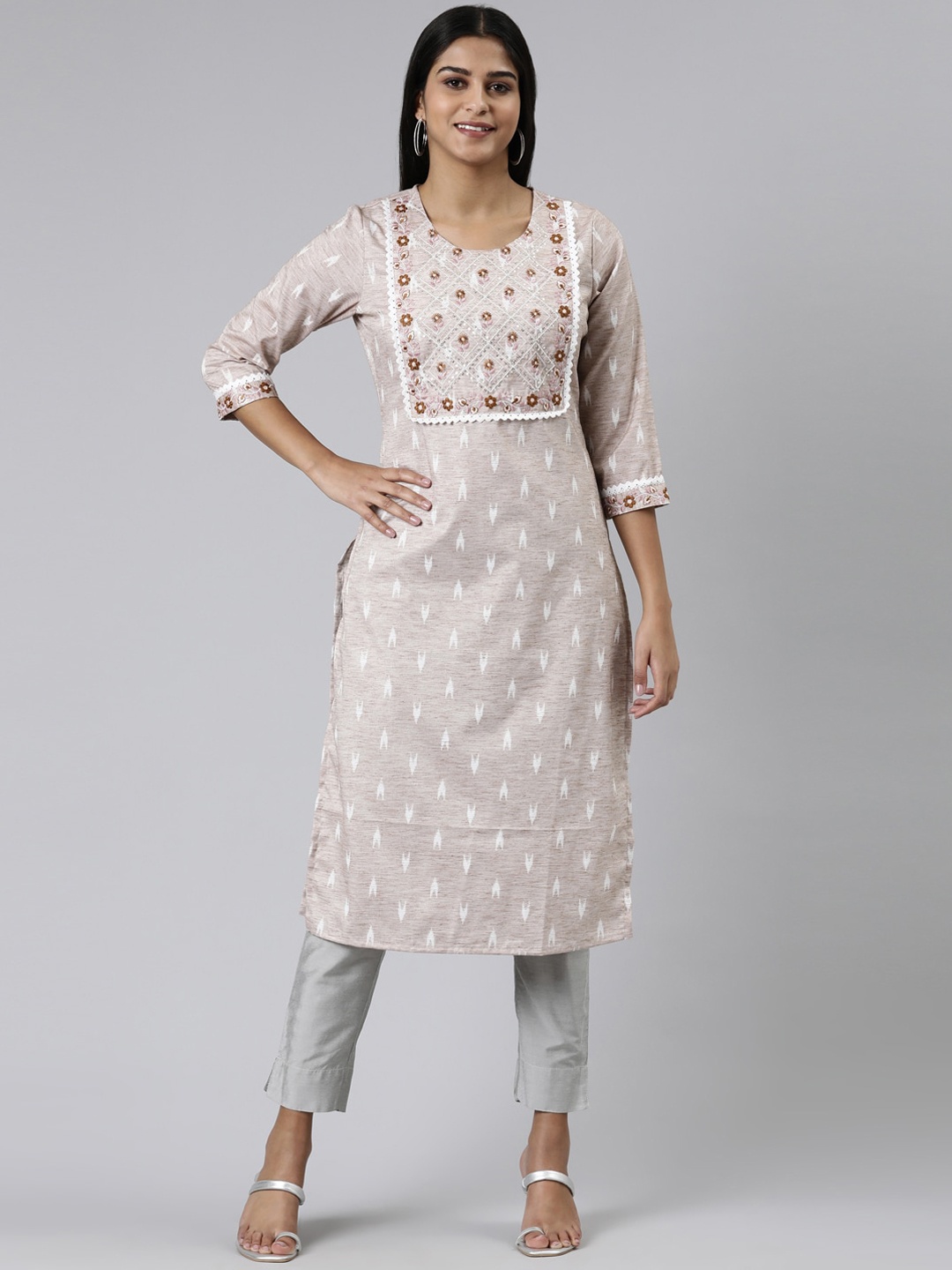 

Neerus Ethnic Motifs Printed Sequined Thread Work Straight Kurta, Beige