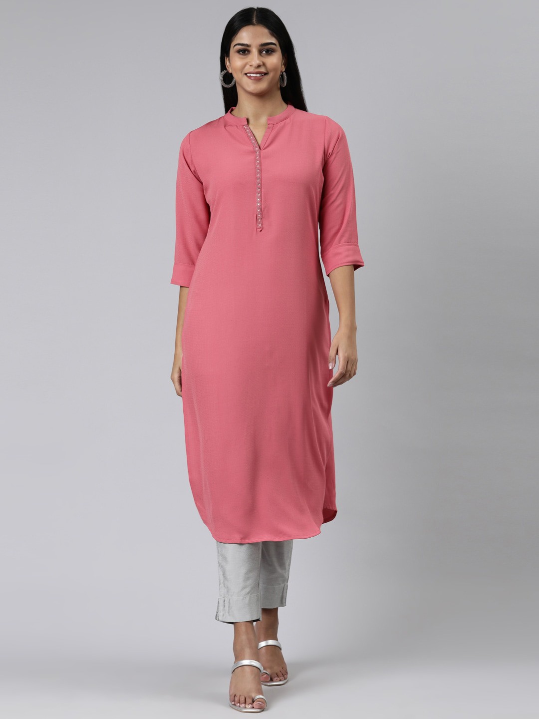 

Neerus Band Collar Curved Beads And Stone Work Straight Kurta, Pink