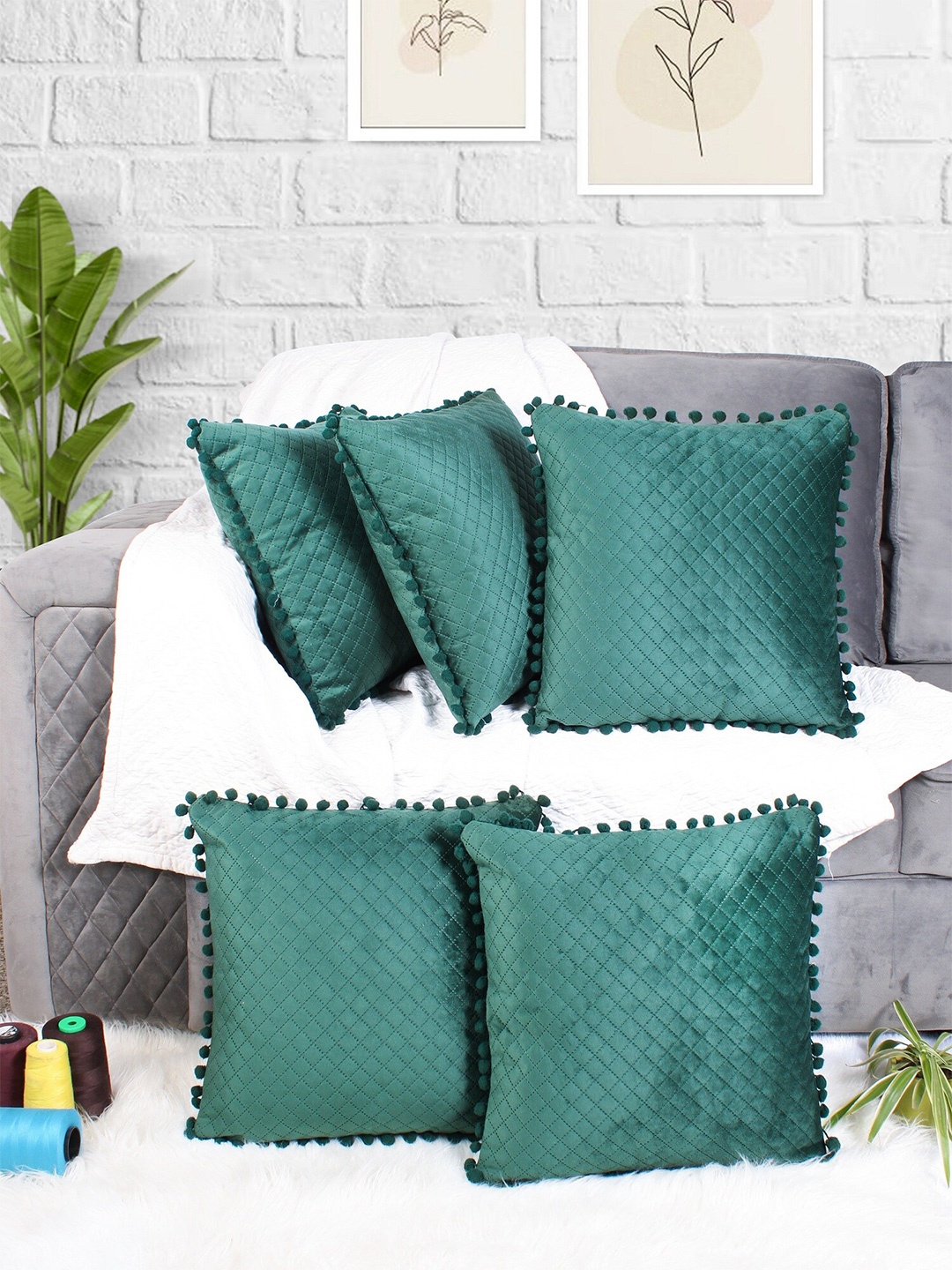 

STITCHNEST Green 5 Pcs Embroidered Velvet Quilted Square Cushion Covers With Pom Pom