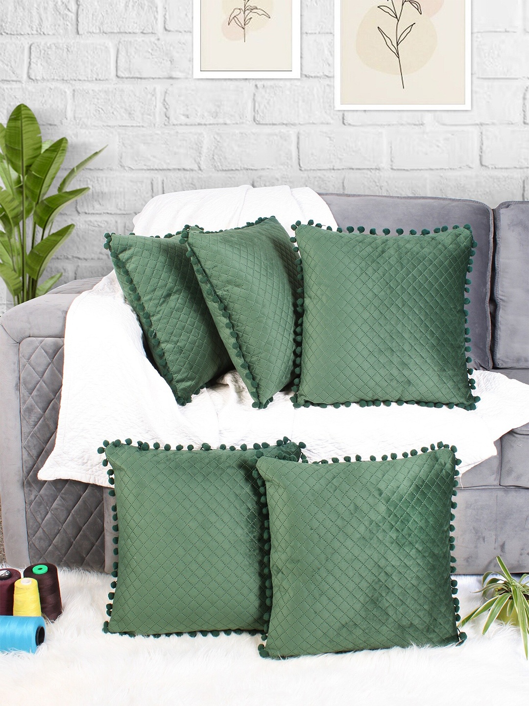 

STITCHNEST Green 5 Pieces Quilted Velvet Square Quilted Square Cushion Covers With Pom Pom